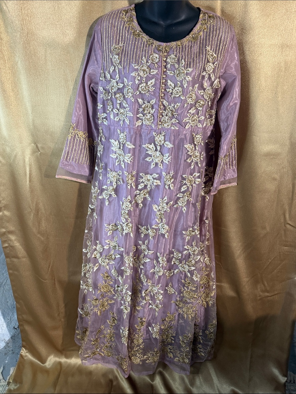 Express Lavender Long Sleeve Floral Embroidered Dress with Gold Accents